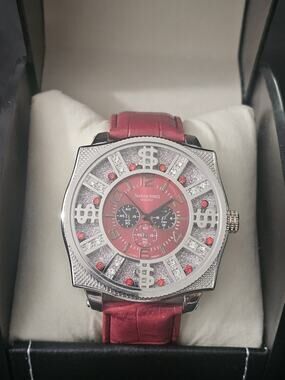 54mm Chronograph Quartz silver metal bezel Watch with Red Leatherette Band